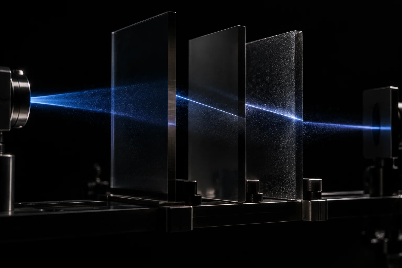 Blue light refracting through a sequence of dark optical surfaces