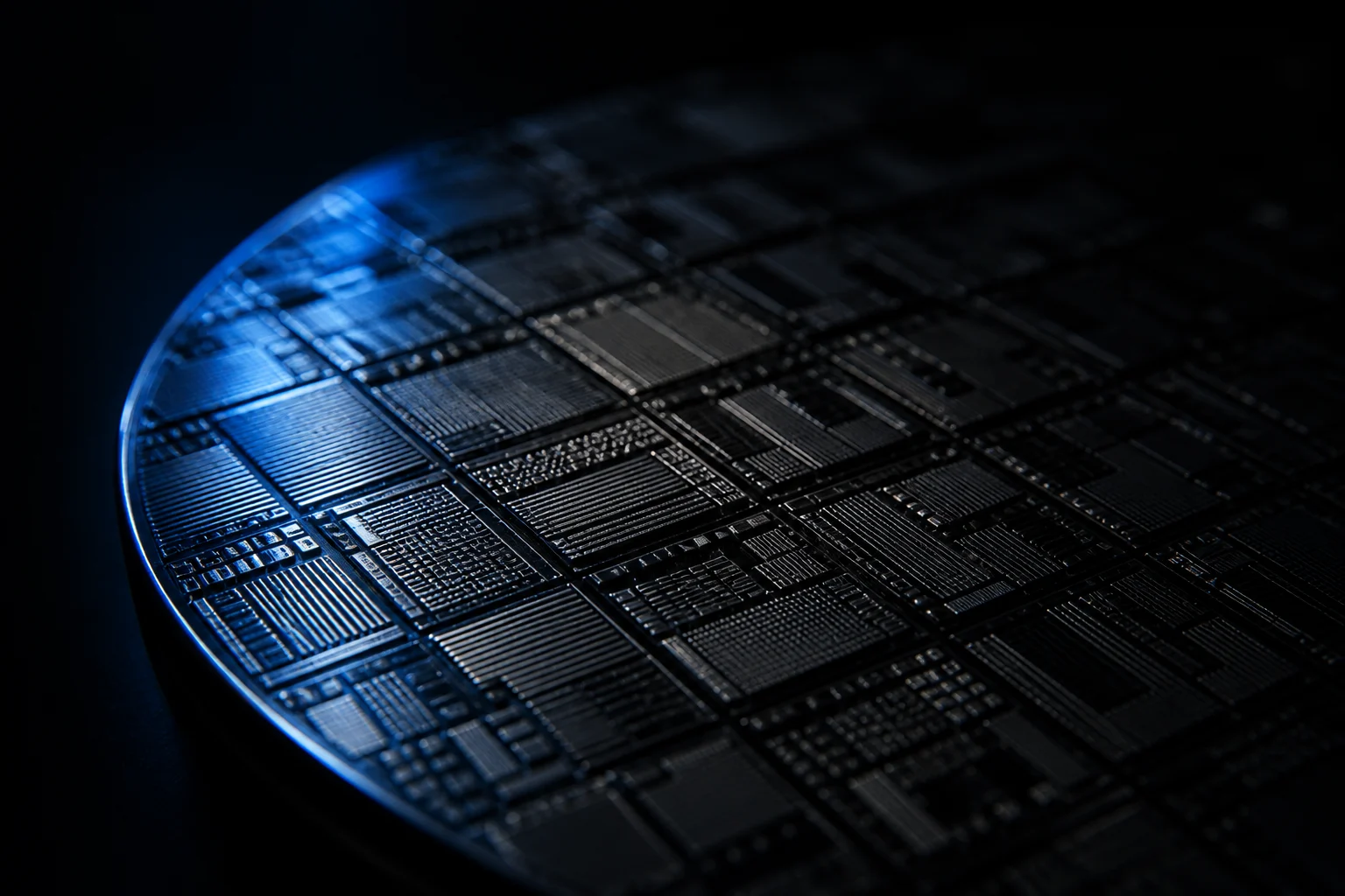 Close study of silicon circuit topography illuminated in cobalt blue