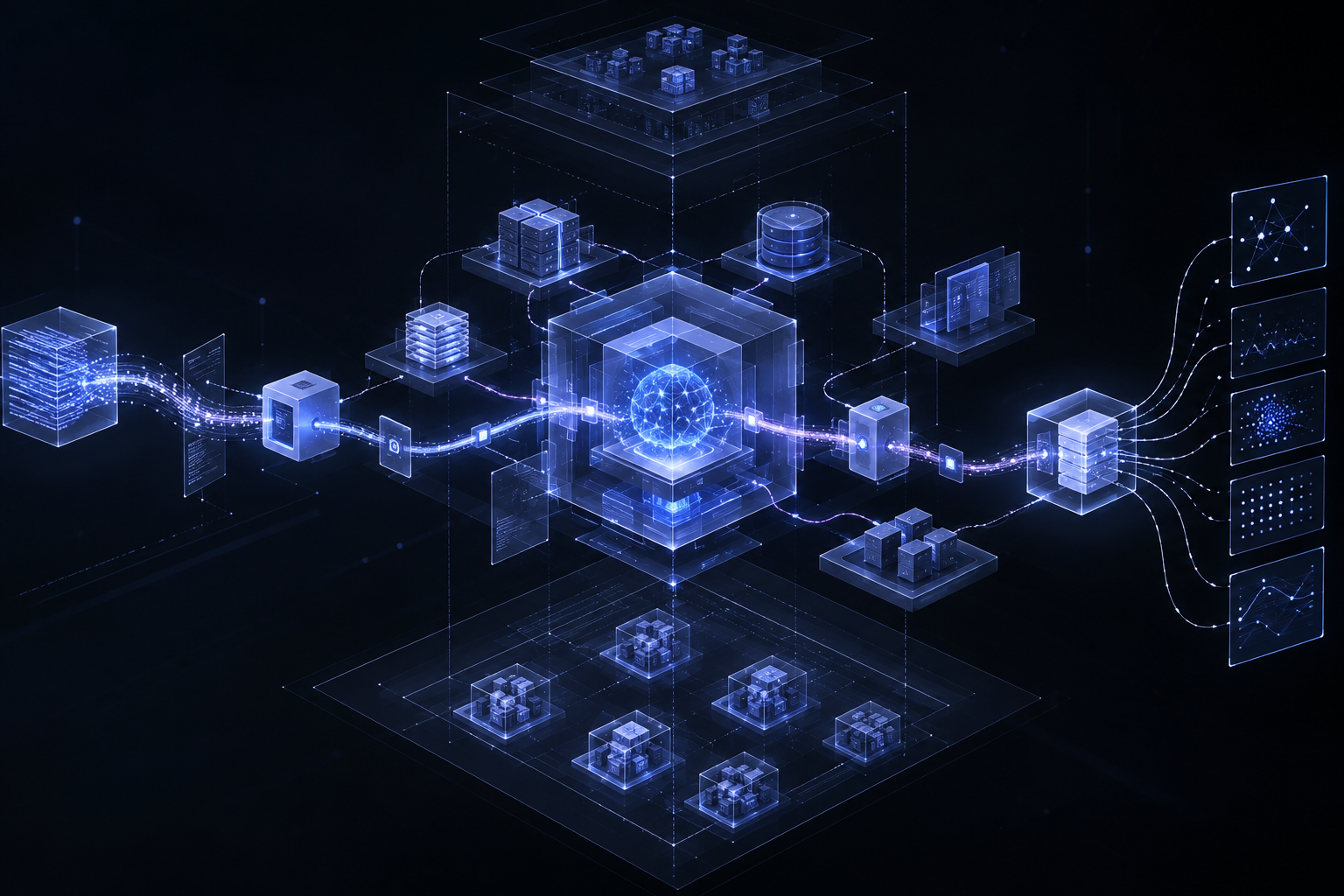 Conceptual cutaway of a layered computing environment and its observable data flows
